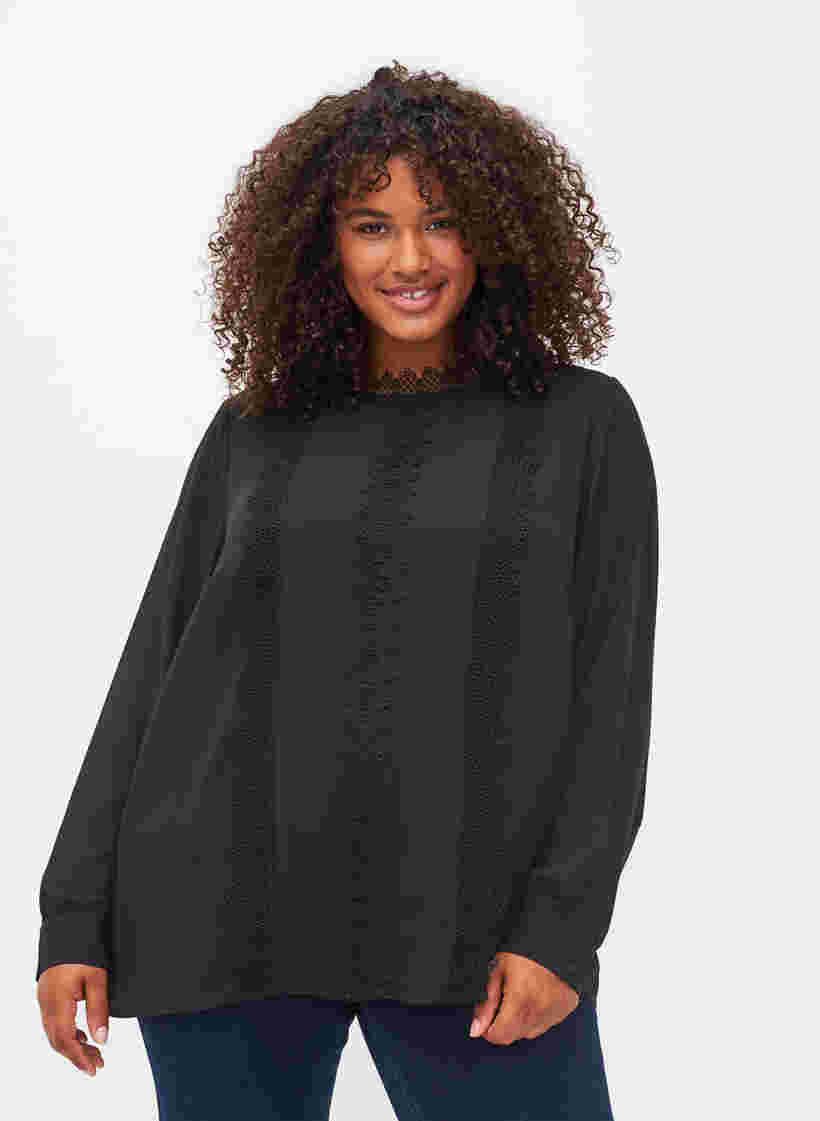 Langærmet bluse med blonder, Black, Model