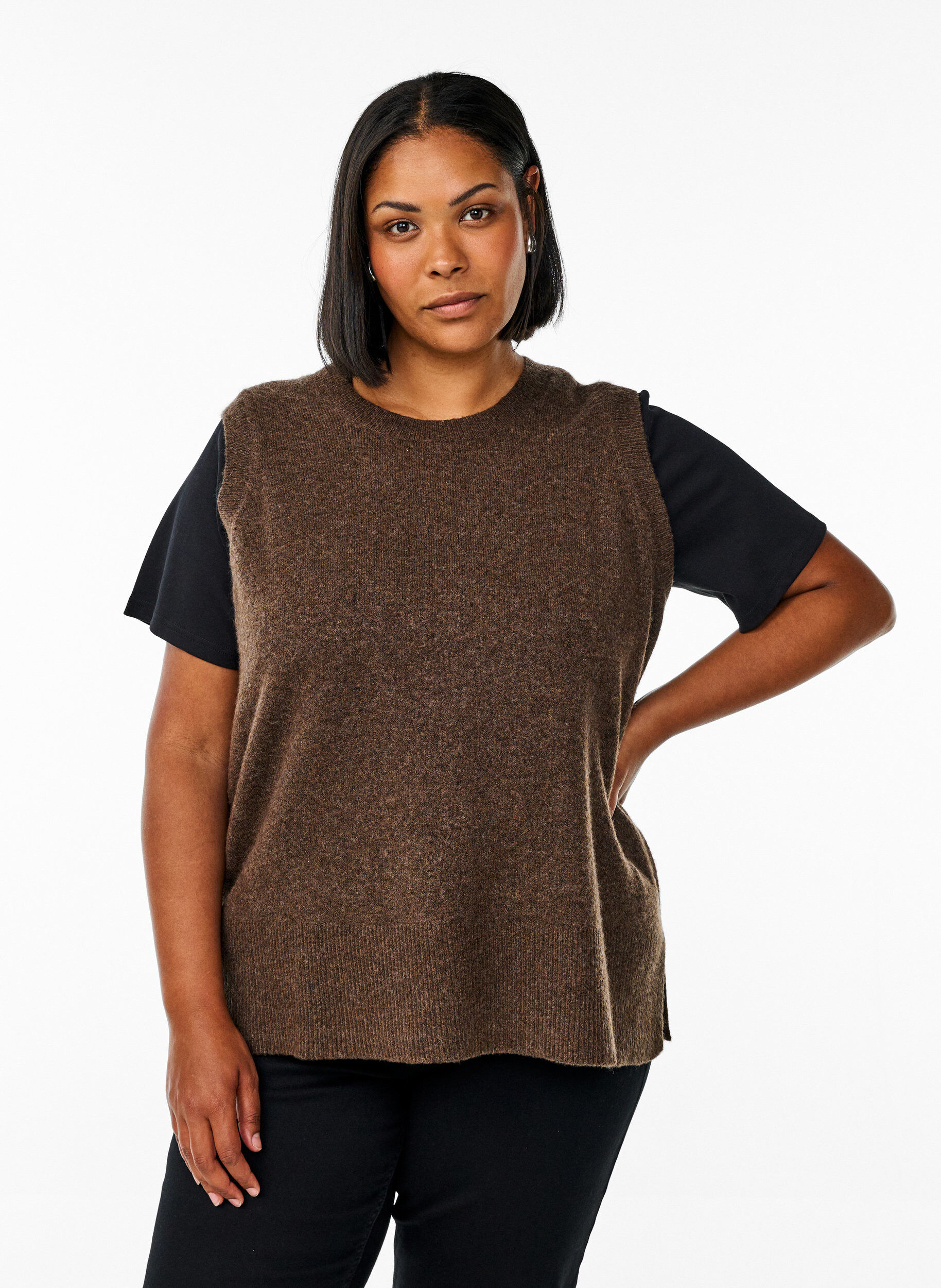 Zizzi Strikvest med ribkanter, Gr&oslash;n, Model image number 0