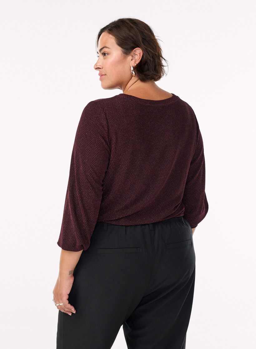 Bluse med sildebensmønster og glittertråd, Mørk Bordeaux, Model image number 2