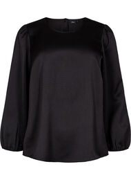 Langærmet bluse med rund hals, Black