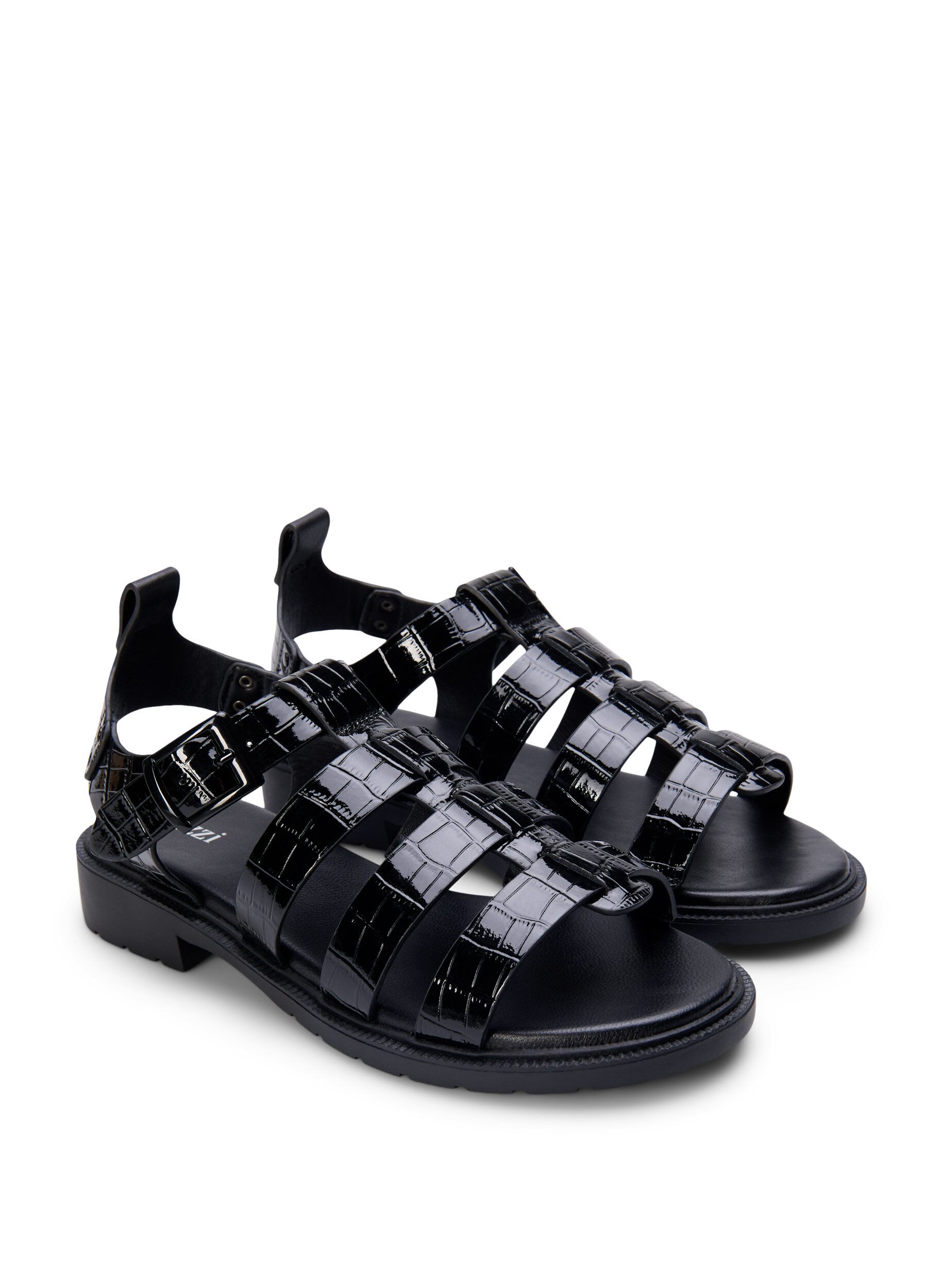 Zizzi Wide fit - Sandal i shiny croco l&aelig;der, Black, Packshot image number 1