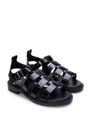 Wide fit sandal i shiny croco læder, Black, Packshot image number 1