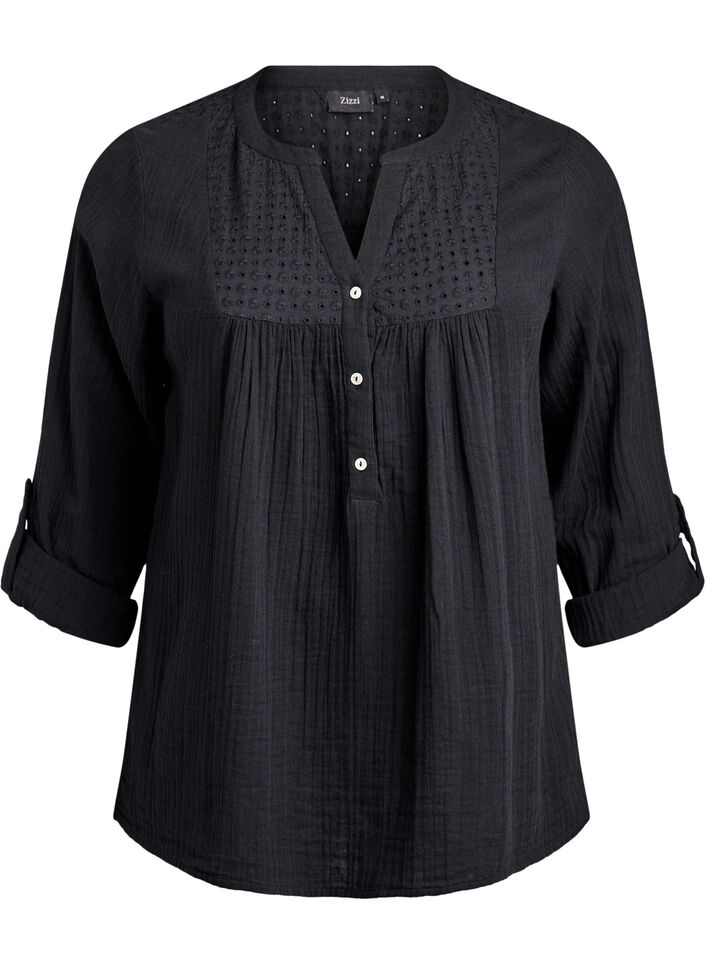 Bluse i bomuldsmusselin med broderi anglaise, Sort, Packshot image number 0
