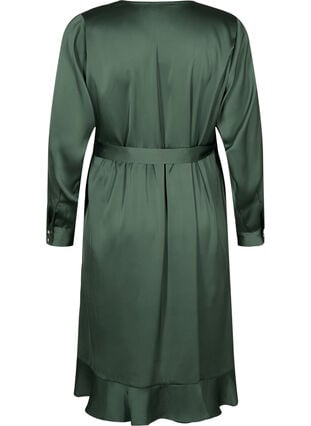 Langærmet slå-om kjole i satin, Duck Green, Packshot image number 1