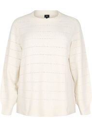 Strikbluse med rund hals og hulmønster, Birch Mel.