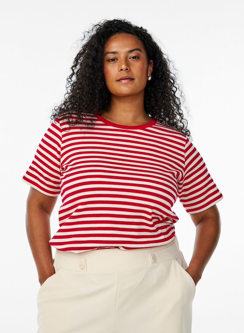 Stribet t-shirt med ribstruktur, R&oslash;d, Model image number 0