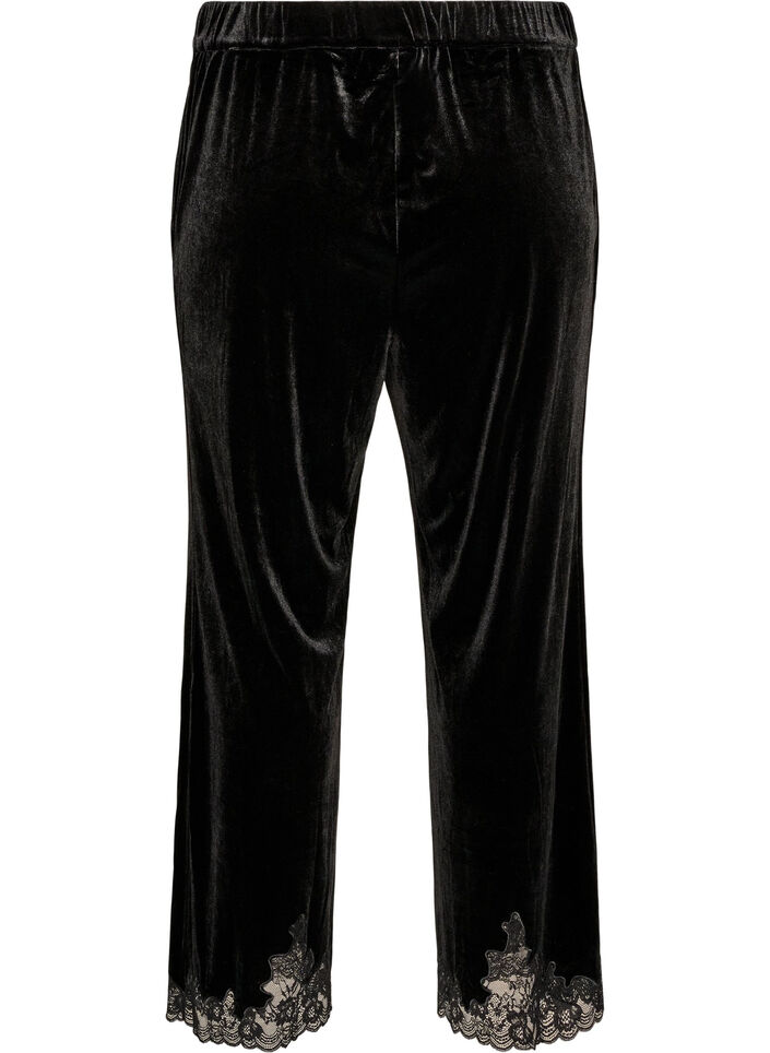 Velourbukser med blondekant og vide ben, Sort, Packshot image number 1