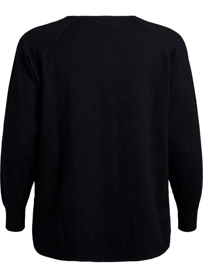 Strikbluse med rund hals og strikket m&oslash;nster, Sort, Packshot image number 1