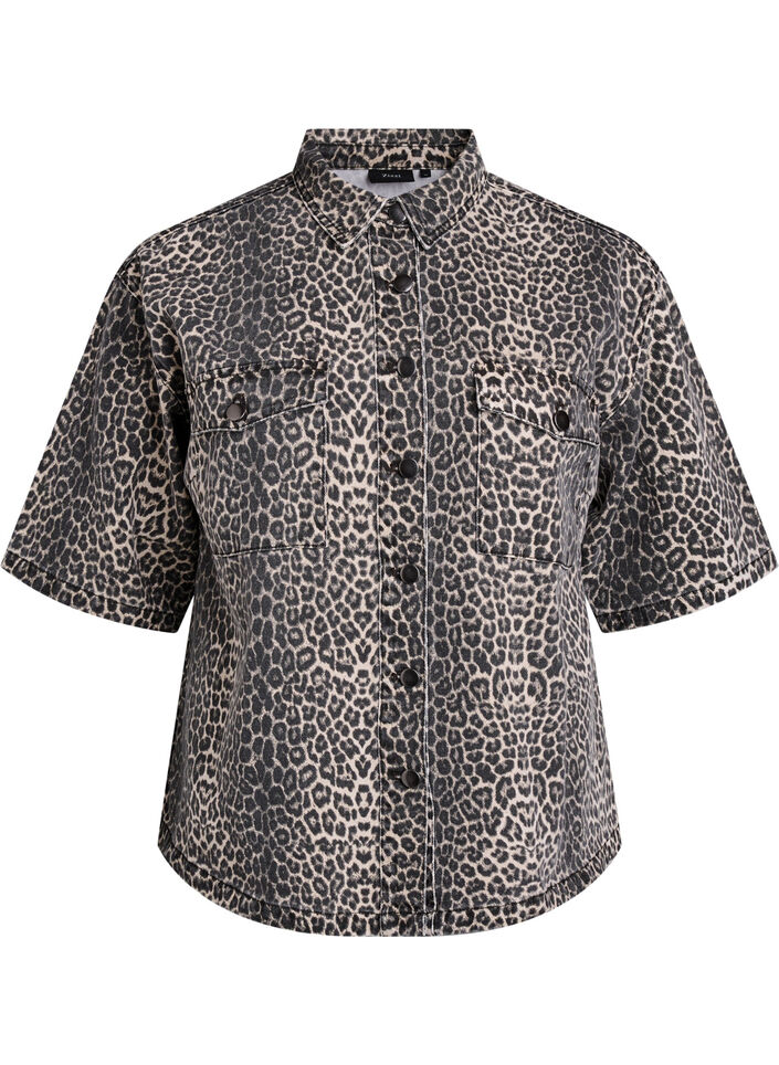 Denimskjorte med leopard m&oslash;nster og korte &aelig;rmer, Brun, Packshot image number 0