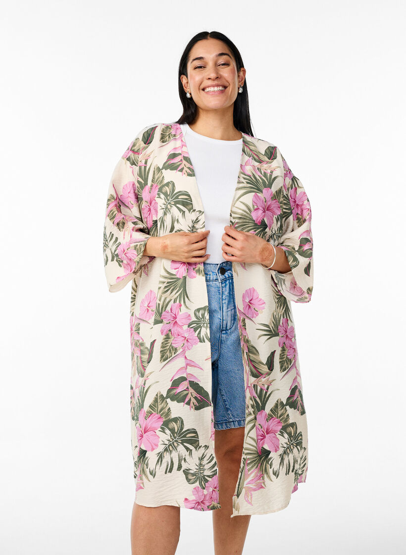 Kimono i viskose med 3/4 &aelig;rmer, Vanilla, Model image number 0