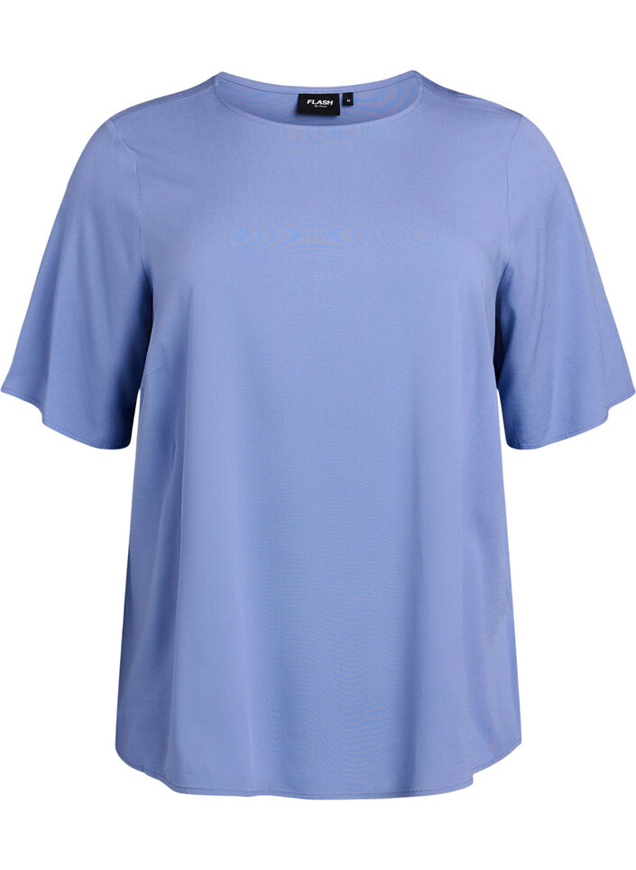 Kort&aelig;rmet v&aelig;vet bluse med rund hals, Bl&aring;, Packshot image number 0