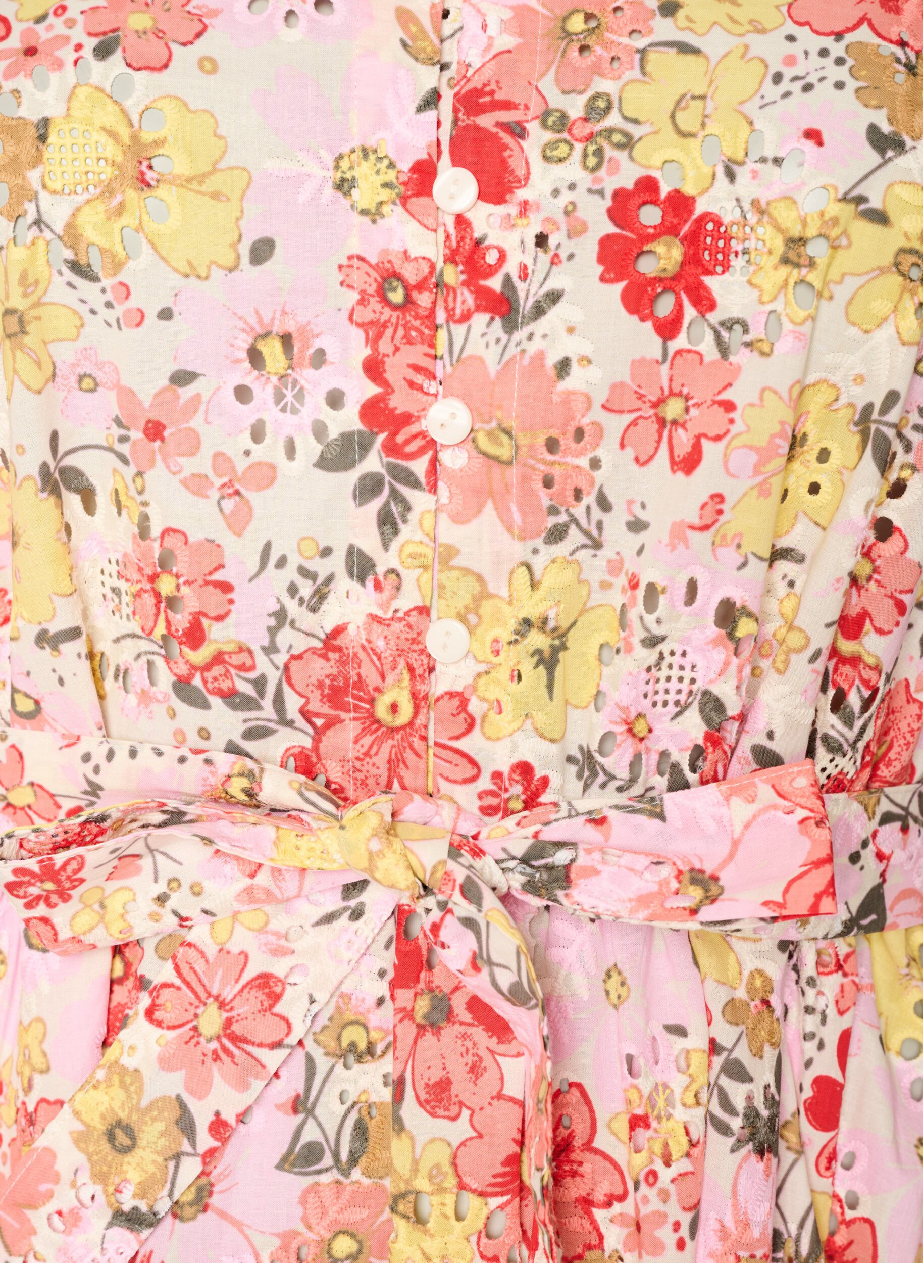 ZizziBlomstret midikjole med broderie anglaise og bindeb&aring;nd, Lyser&oslash;d, Packshot image number 2