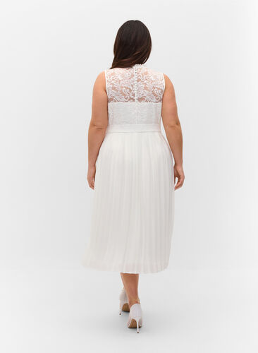 Ærmeløs kjole med blonder og plissé, Star White, Model image number 1