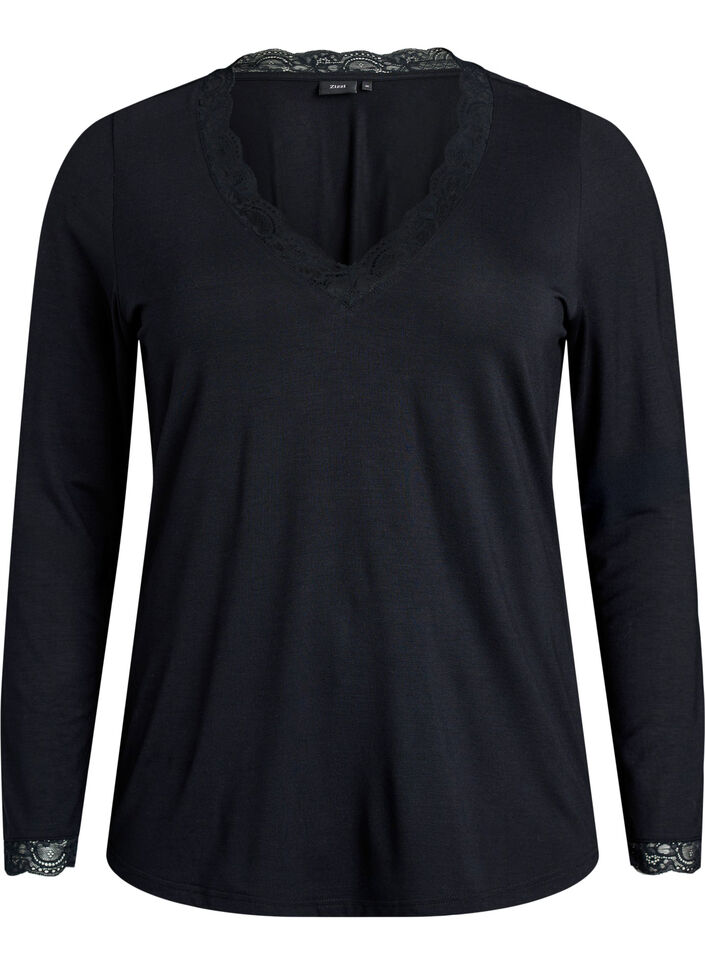 Viskosebluse med blondekanter og V-hals, Sort, Packshot image number 0