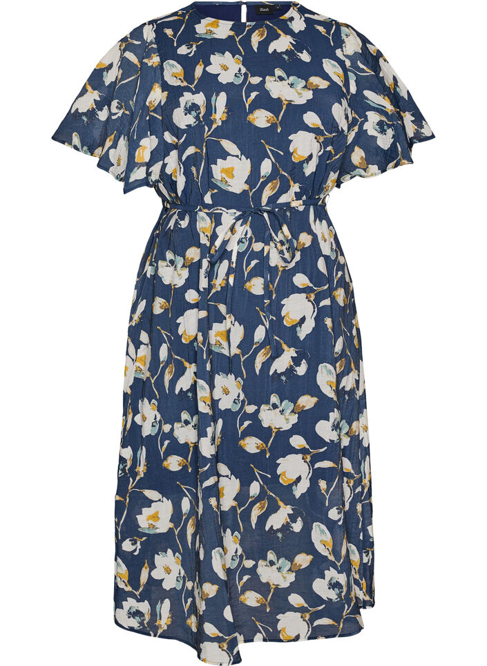 Ankellang kjole med vinge&aelig;rmer og bindeb&aring;nd, Bl&aring;, Packshot image number 0