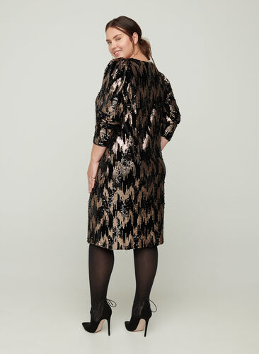 Langærmet velour kjole med pailletter, Black w. Sequins, Model image number 0