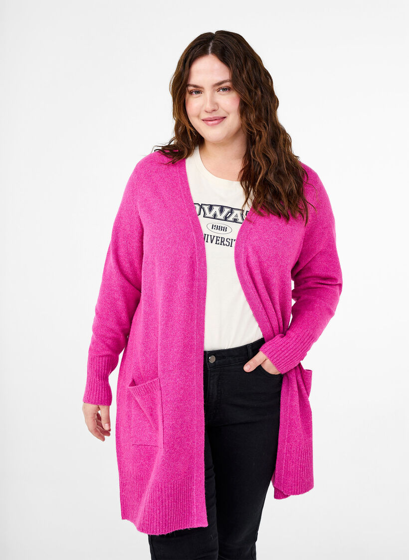 Meleret strik cardigan med lommer, Lyserød, Model image number 0