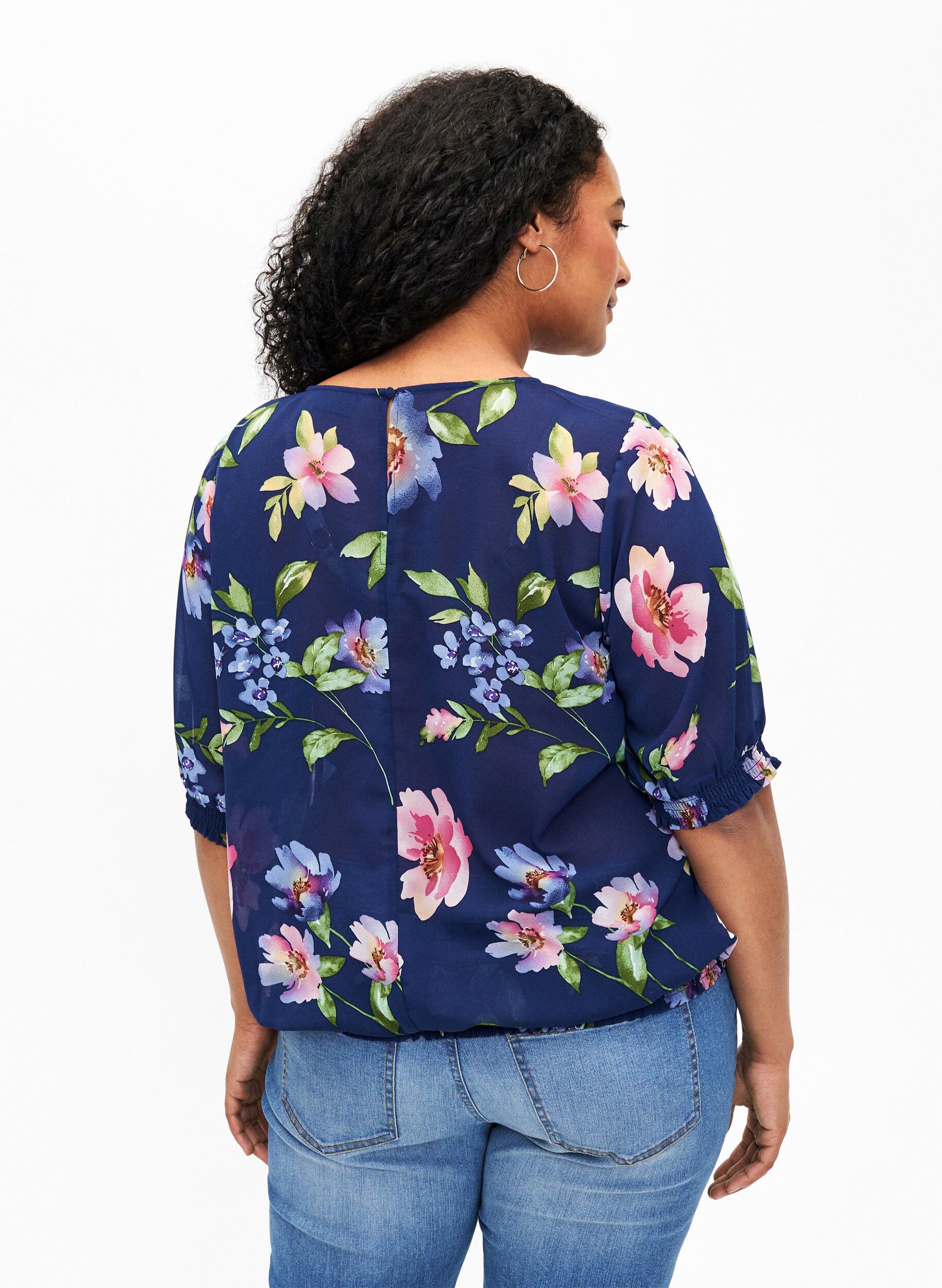 Zizzi Blomstret bluse med smock, Blueprint Flower AOP, Model image number 1