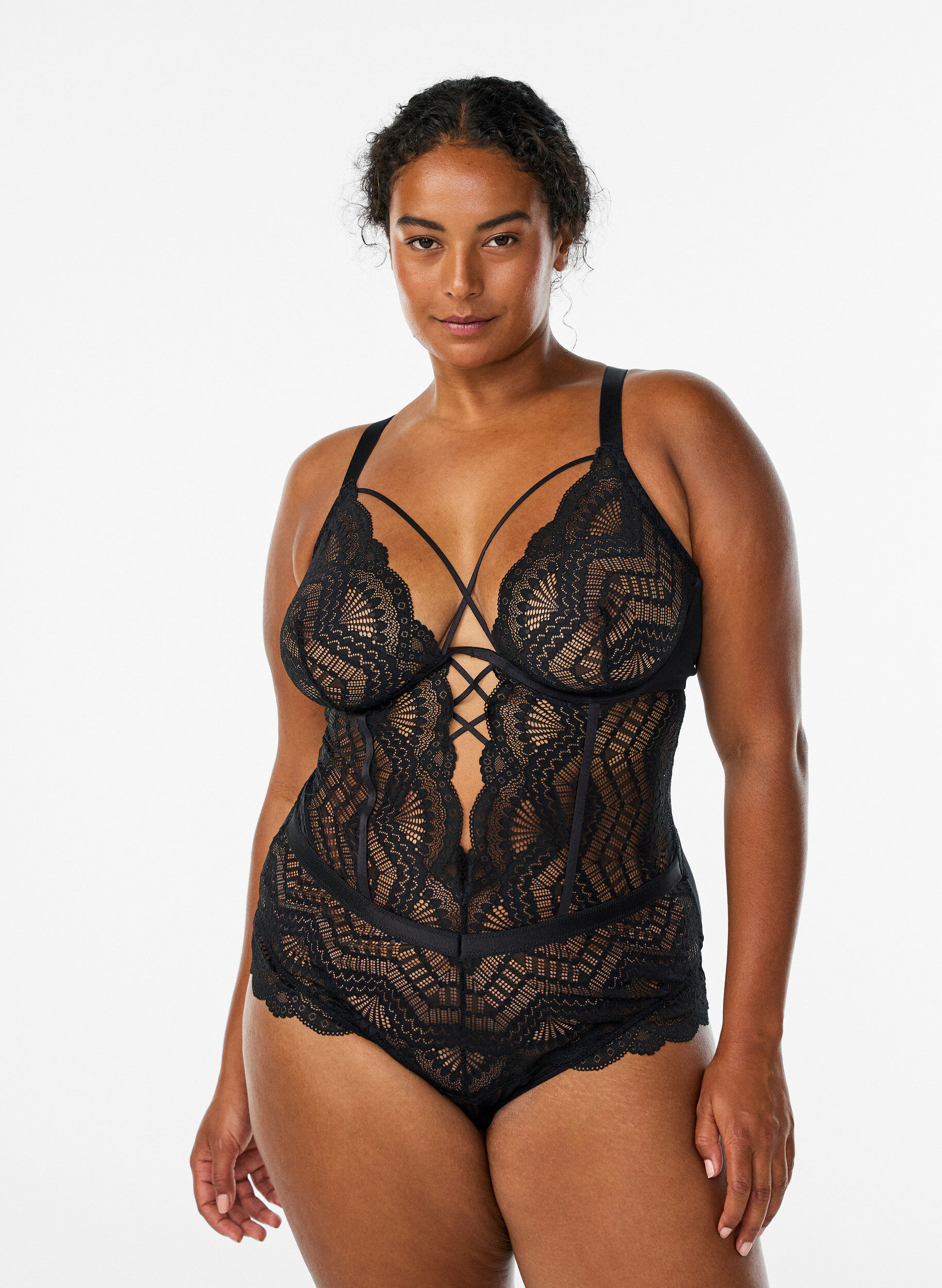 Blonde bodystocking med sn&oslash;re-detaljer, Sort, Model