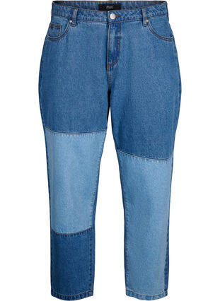 Mille mom fit jeans med colorblock og høj talje, Light Blue Denim, Packshot image number 0