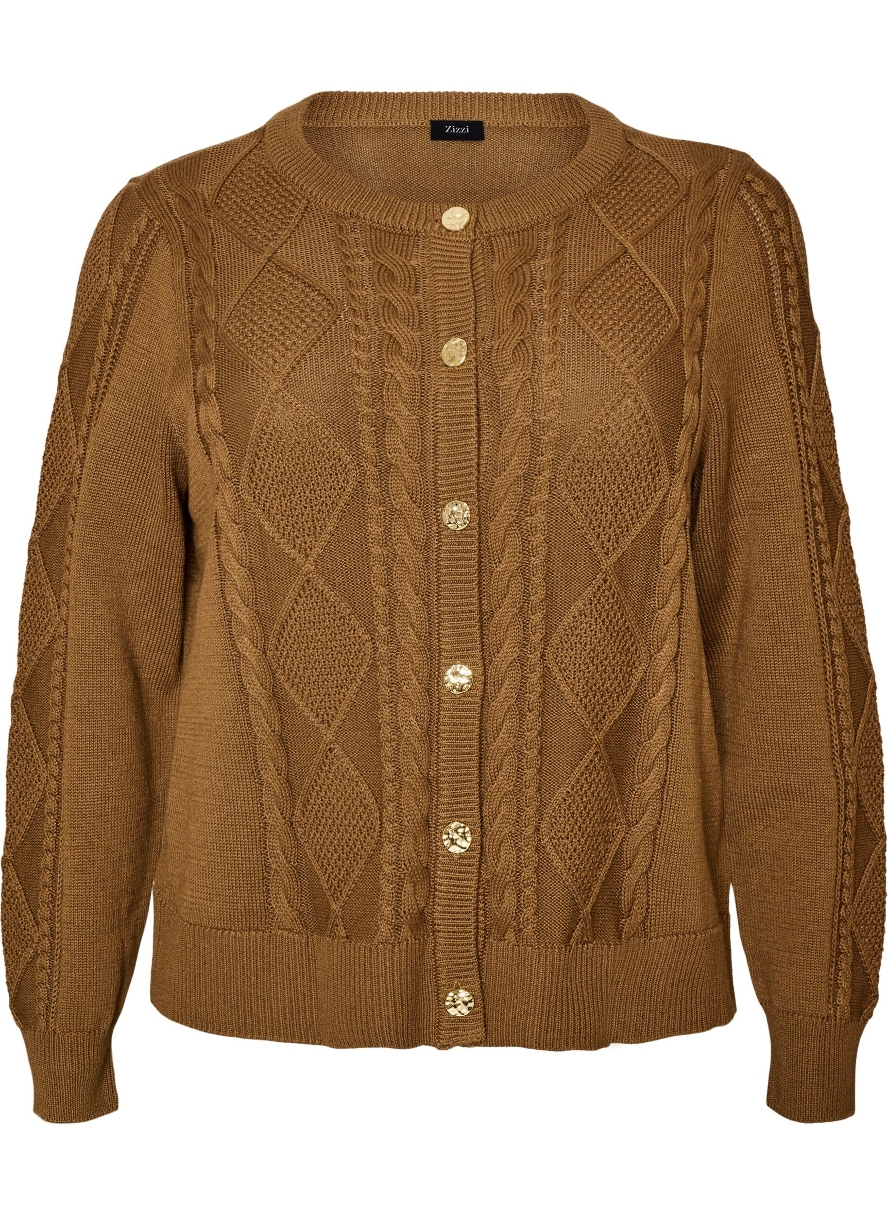 ZizziKabelstrikket cardigan med dekorative knapper, Brun, Packshot image number 0