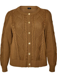 Kabelstrikket cardigan med dekorative knapper, Brun