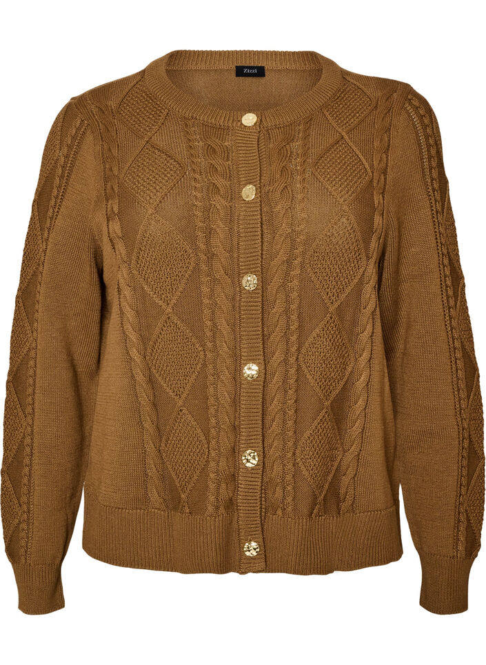 Kabelstrikket cardigan med dekorative knapper, Brun, Packshot image number 0