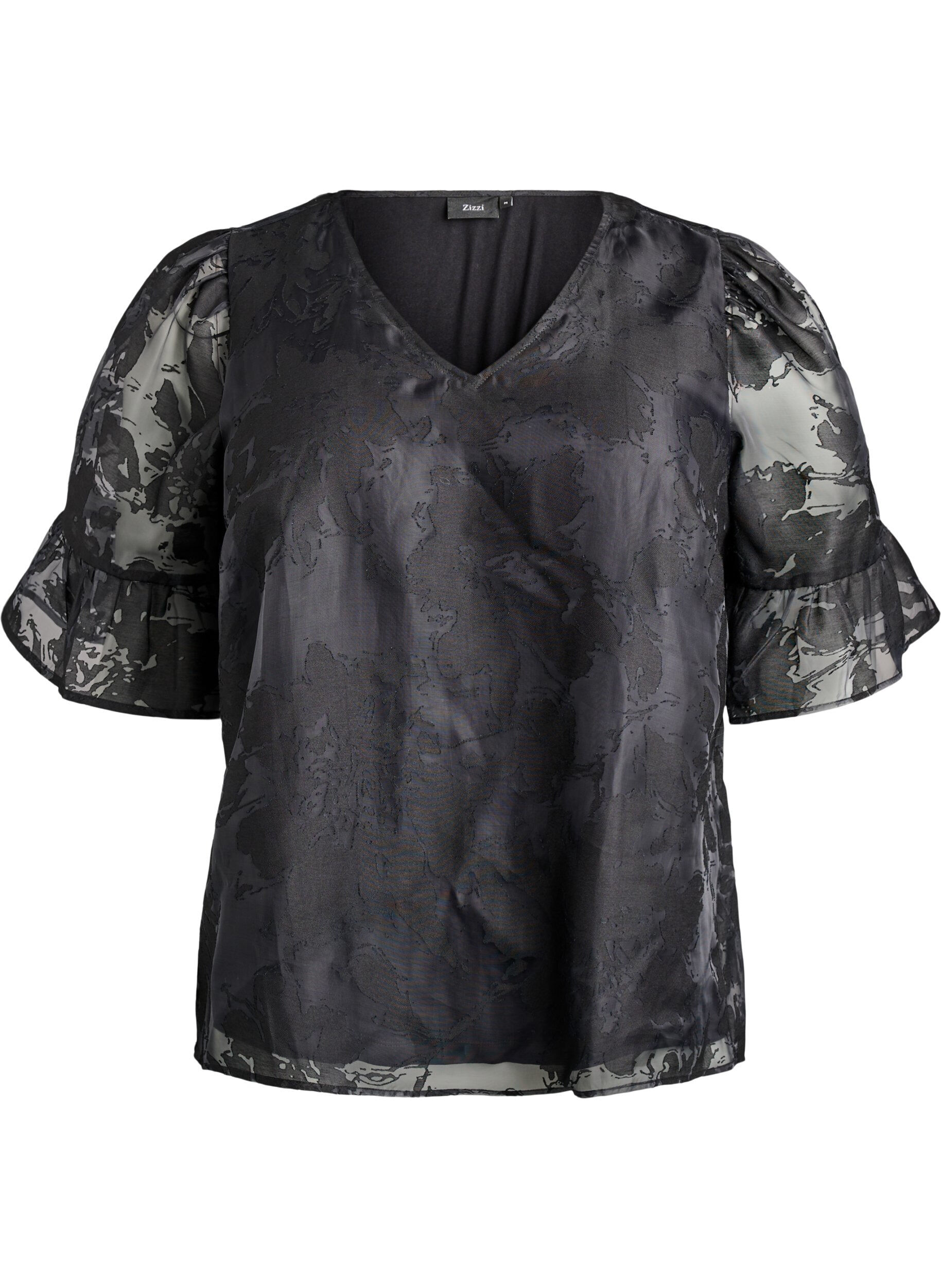 Festbluse i organza-look med tone-i-tone m&oslash;nster