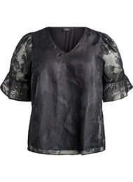 Festbluse i organza-look med tone-i-tone mønster, Sort