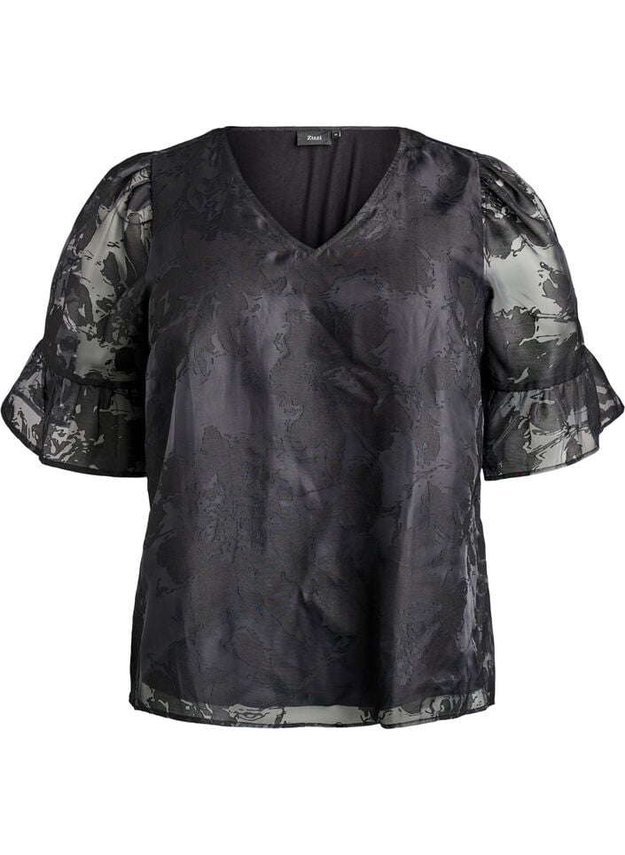 Festbluse i organza-look med tone-i-tone mønster, Sort, Packshot image number 0