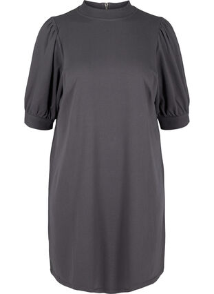Bomulds kjole med korte pufærmer, Asphalt ASS, Packshot image number 0