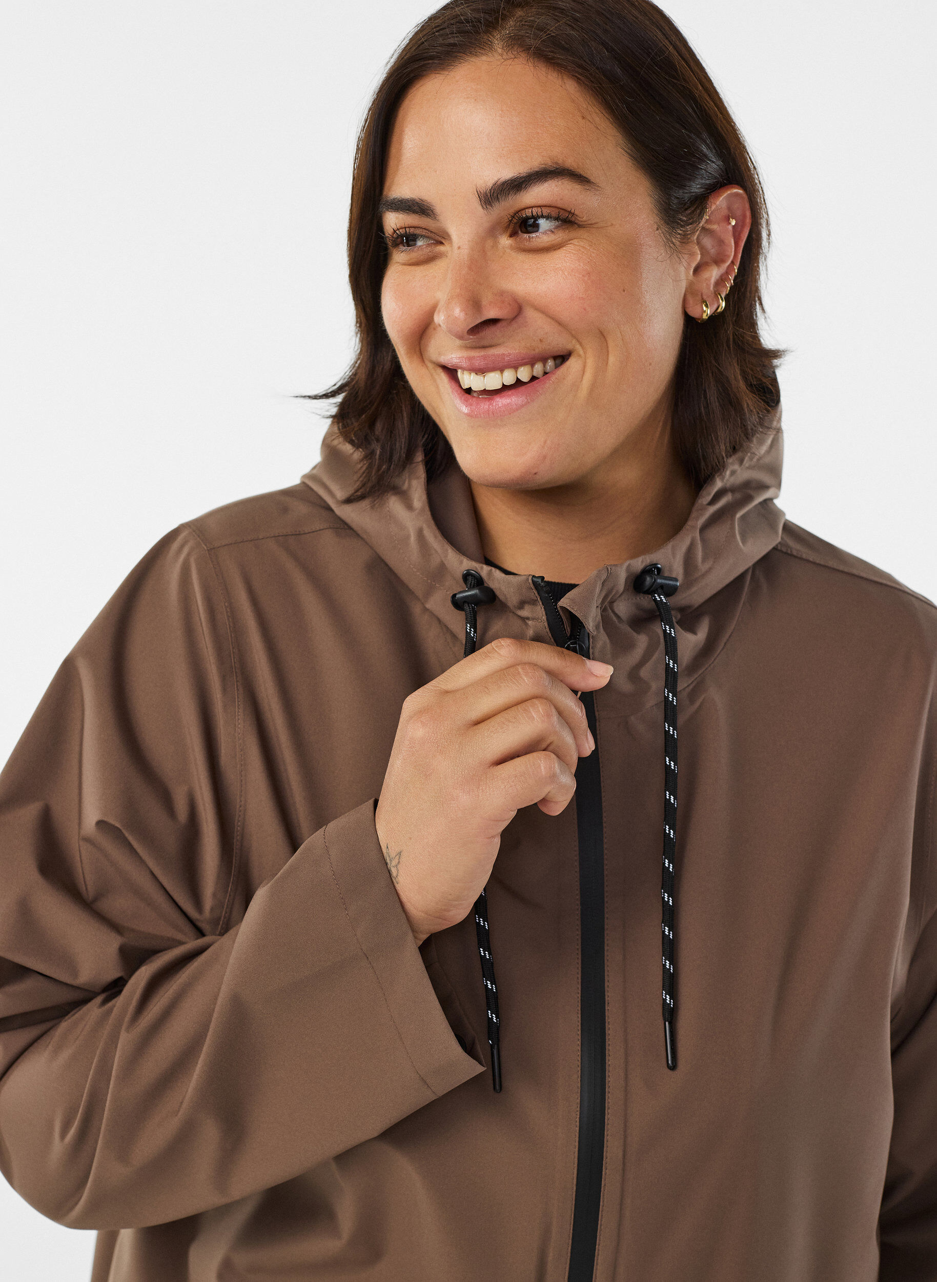 ZizziRegnjakke med lommer og h&aelig;tte, Brun, Model image number 3