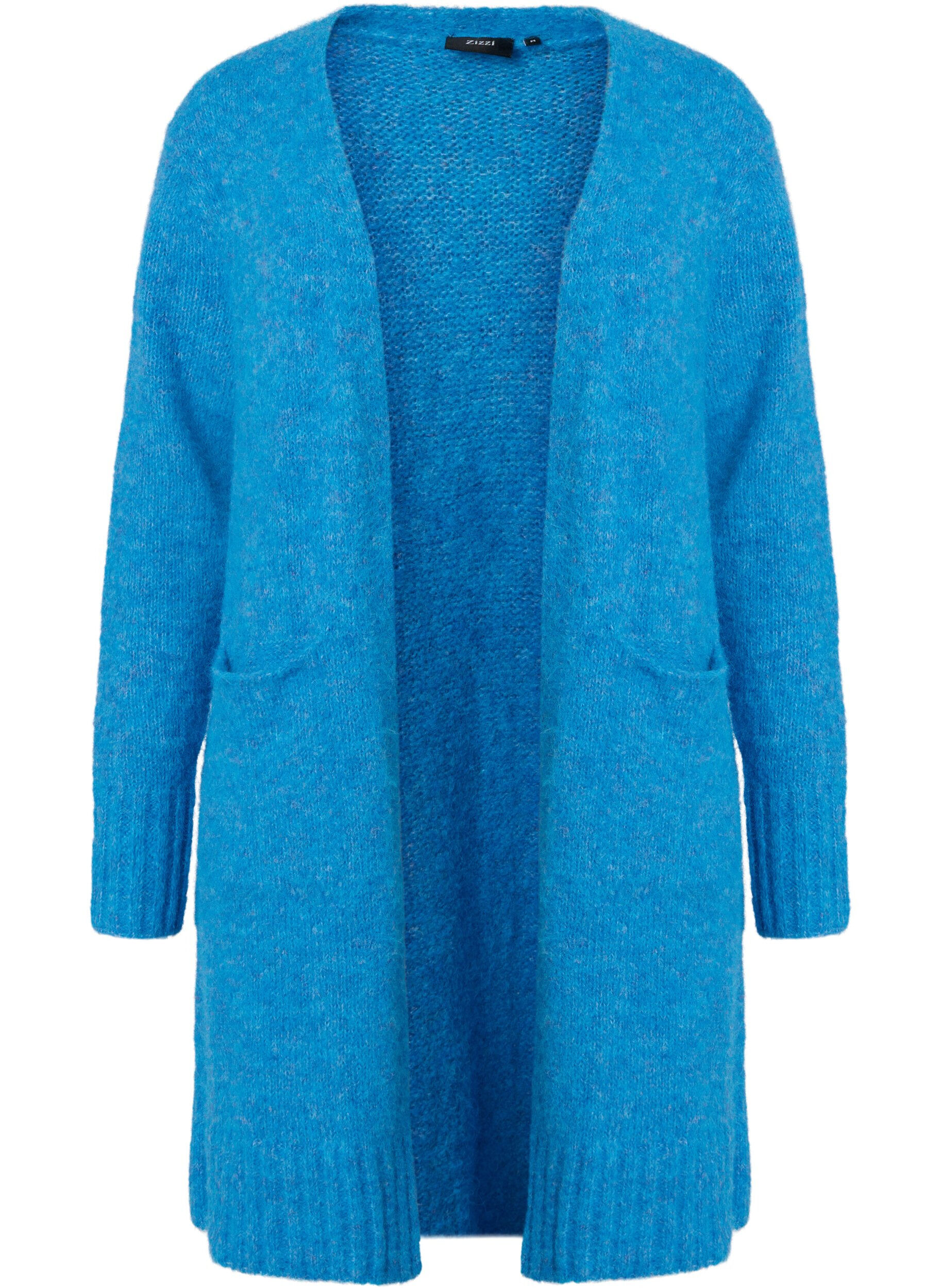 Zizzi Lang strikcardigan med uld og lommer, French Blue, Packshot image number 0