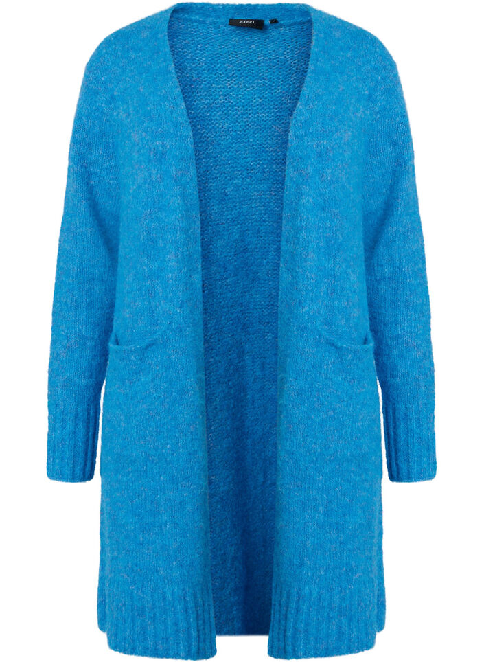 Lang strikcardigan med uld og lommer, French Blue, Packshot image number 0