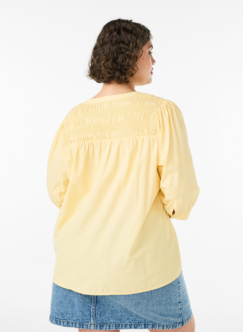 Bluse med smock og 3/4-&aelig;rmer, Gul, Model image number 2