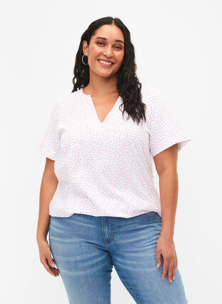 Bomulds t-shirt med prikker og v-hals, B.White/S. Pink Dot, Model image number 0