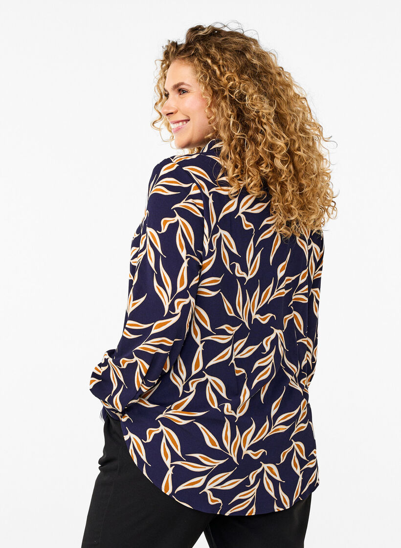 Skjorte med bladprint og krave, Ev. Blue w. Leaf AOP, Model image number 1