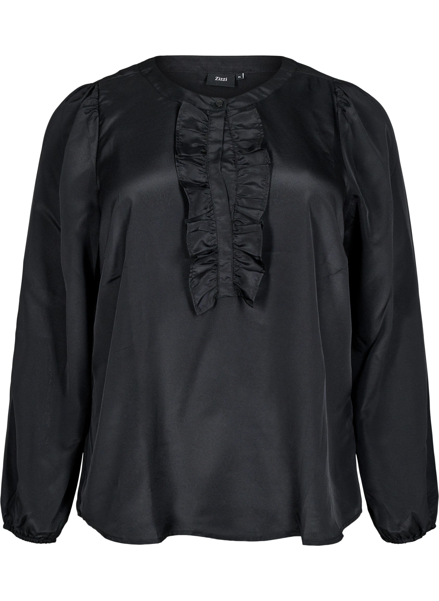 Zizzi Satinbluse med fl&aelig;sedetalje, Black, Packshot image number 0