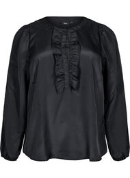 Satinbluse med flæsedetalje, Black