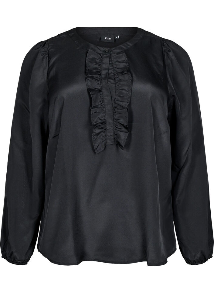 Satinbluse med flæsedetalje, Black, Packshot image number 0