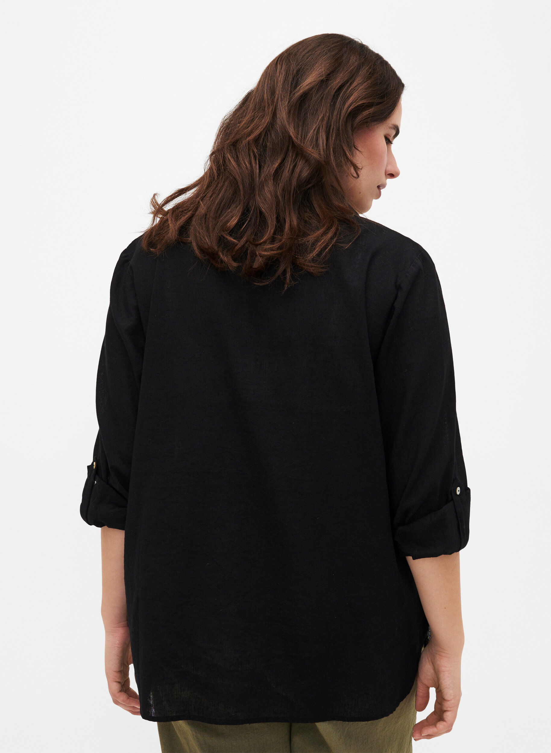 Zizzi Skjortebluse med knaplukning i bomuldsmix med h&oslash;r, Black, Model image number 1