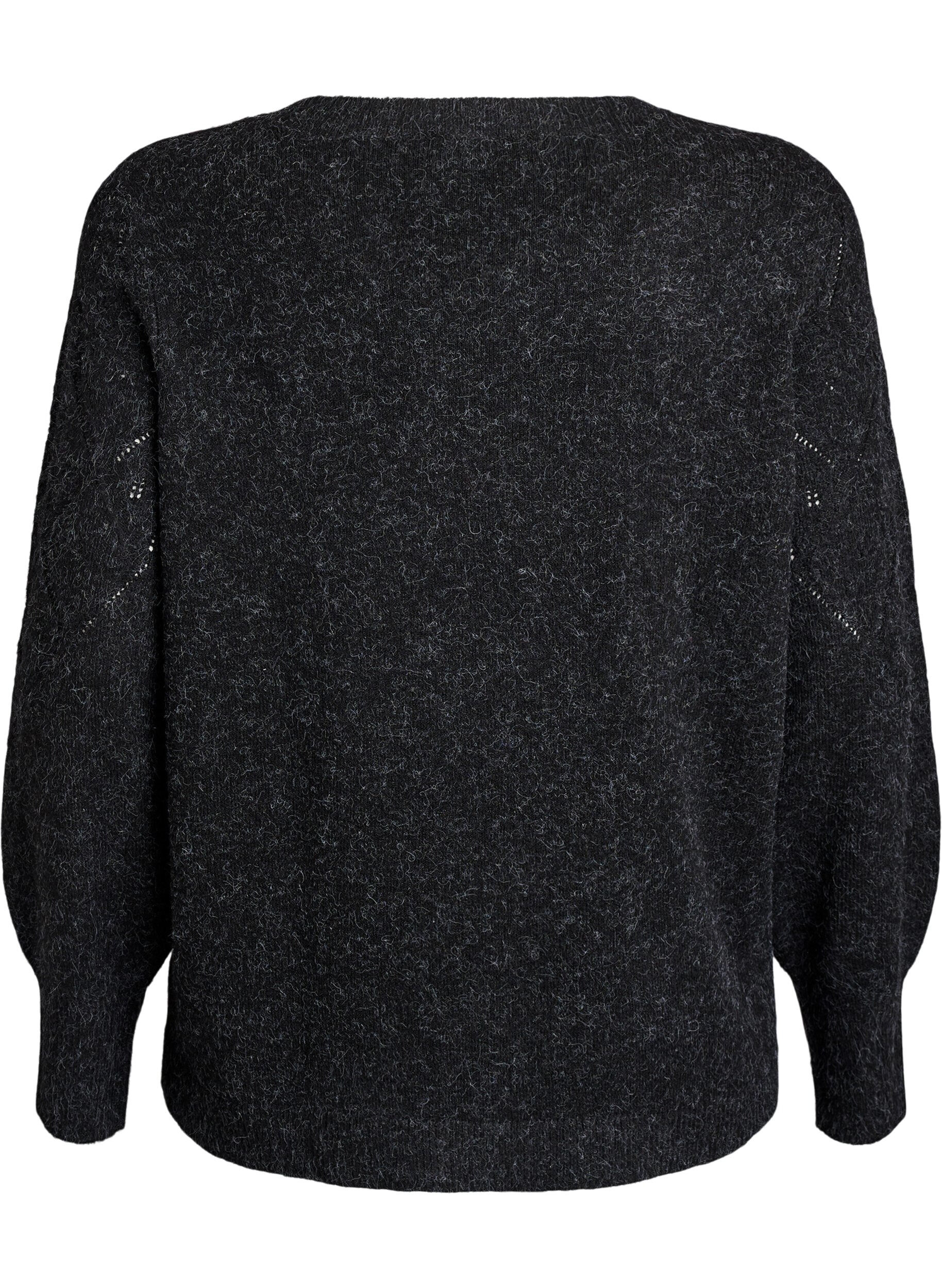 Zizzi Strikbluse med hulm&oslash;nster og ballon&aelig;rmer, Gr&aring;, Packshot image number 1