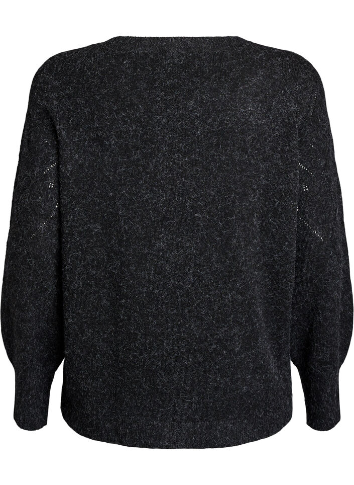 Strikbluse med hulmønster og ballonærmer, Grå, Packshot image number 1