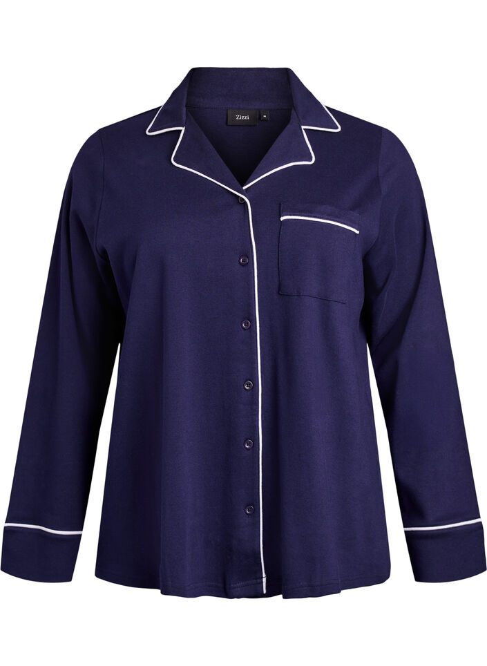 Bomulds pyjamas-skjorte med brystlomme, Bl&aring;, Packshot image number 0