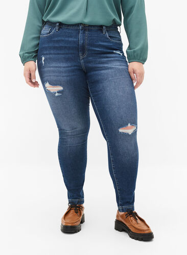 Ripped Amy jeans med super slim fit, Blue denim, Model image number 2