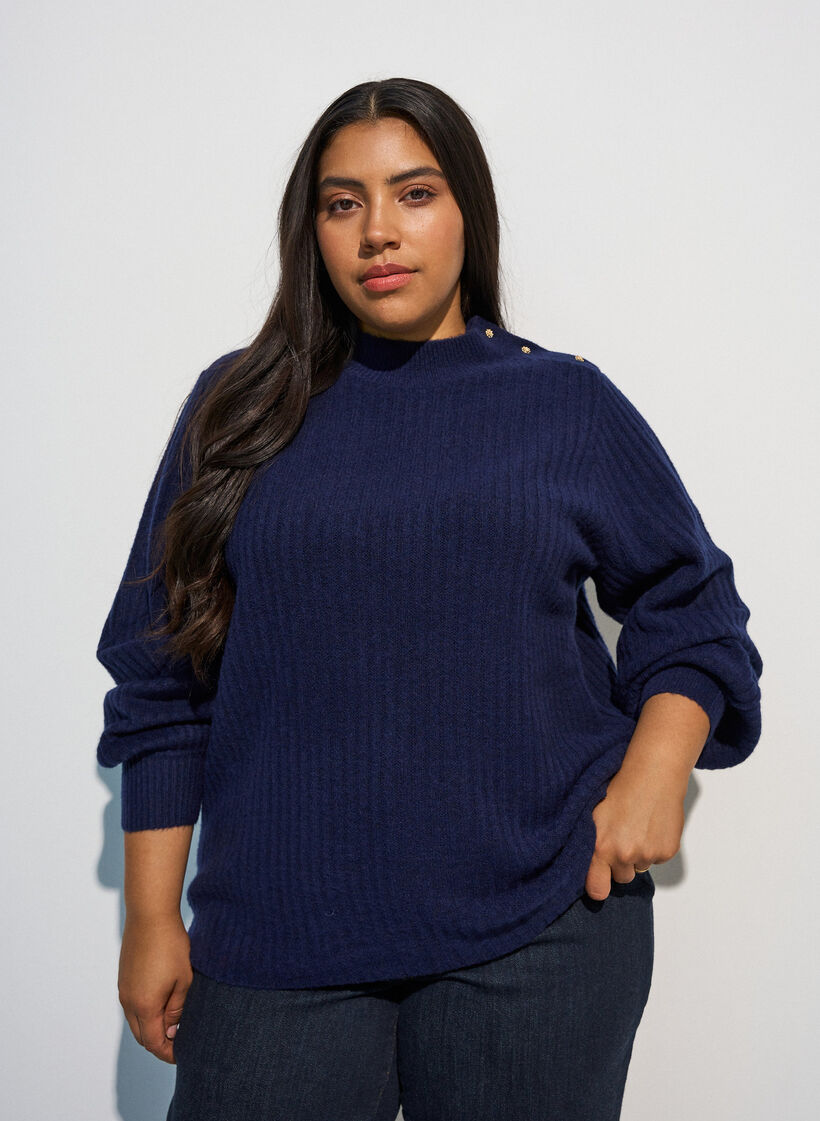 Ribstrikket sweater med ballon&aelig;rmer og knapper, Bl&aring;, Model image number 0