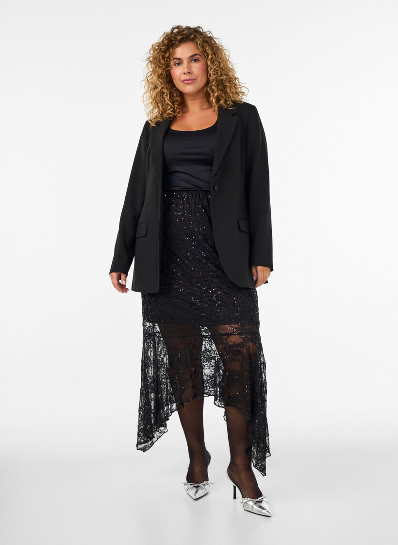 Midinederdel i blonde med pailletter, Sort, Model image number 1