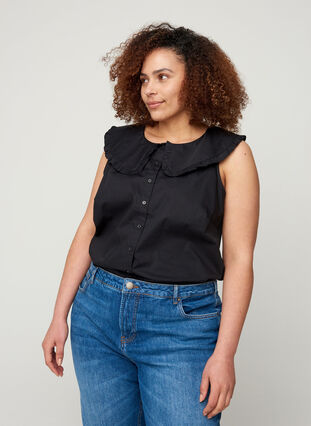 Ærmeløs skjorte med stor krave, Black, Model image number 0