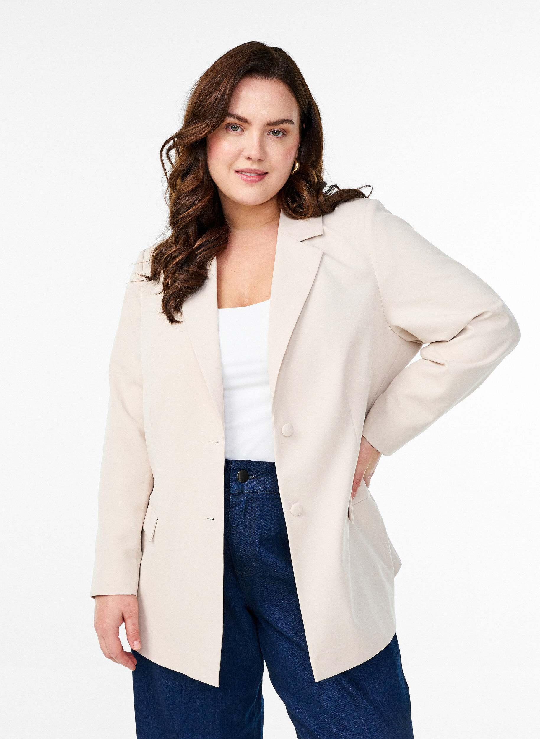 Klassisk blazer med knaplukning, Beige, Model