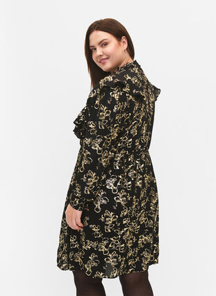 Langærmet kjole med flæser og folieprint, Black Foil AOP, Model image number 1